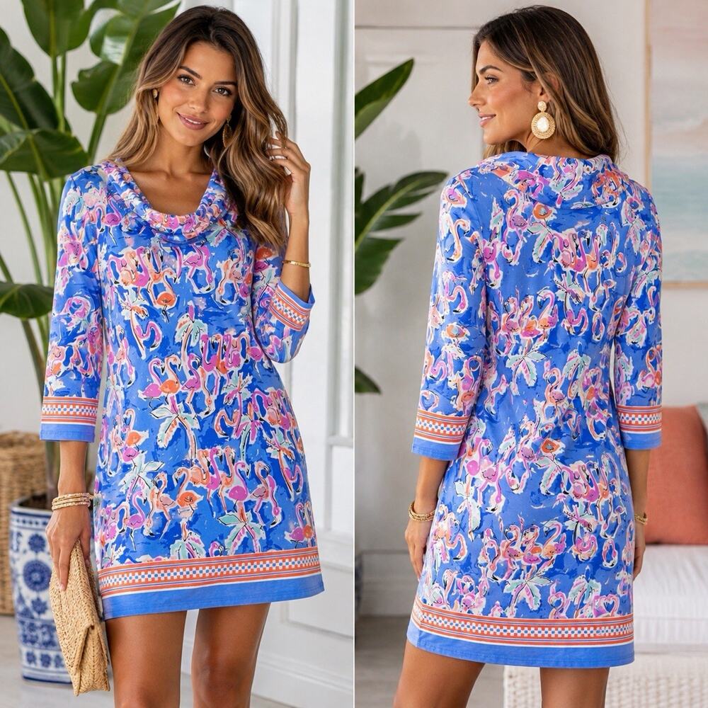 Barbara Erickson Flamingo Print Knit Shift Dress Women’s Medium Blue Pink Preppy